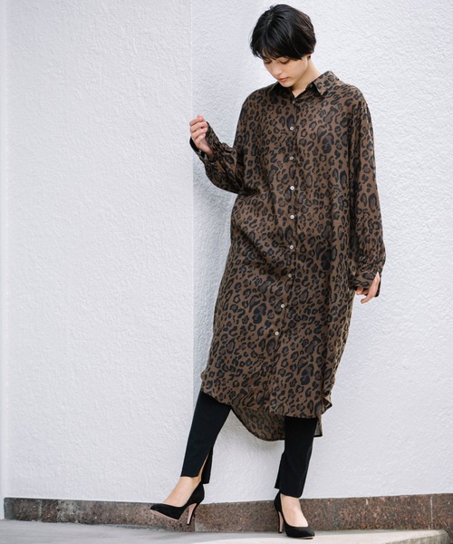 ワンピース シャツワンピース レオパードプリントツイルシフォン シャーリングカフシャツワンピース Zozotown Paypayモール店 通販 Paypayモール