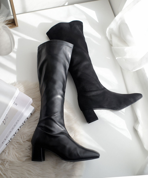 ブーツ 太ヒールストレッチロングブーツ レディース