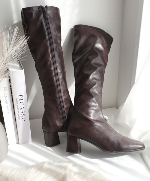 ブーツ 太ヒールストレッチロングブーツ レディース