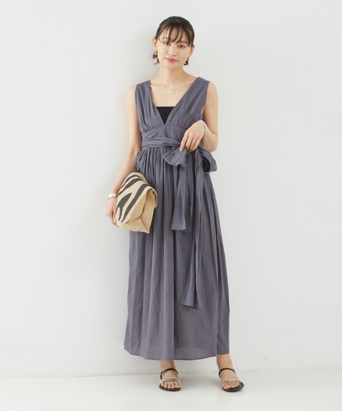 ROUGE VIF Anna ブルー Vネック ロングドレス ウエストリボン ROUGE VIF Anna ブルー Vネック ロングドレス ウエストリボン