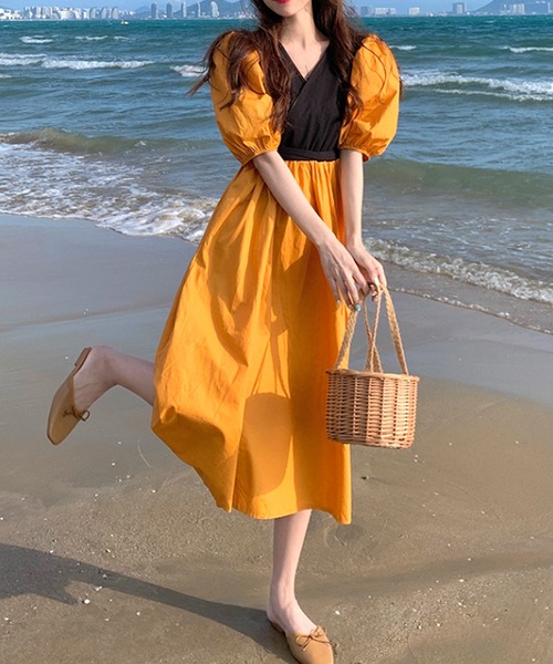 Dewlily ワンピース 夏 半袖 ロングリボンカシュクールワンピース