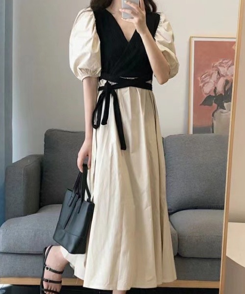 Dewlily ワンピース 夏 半袖 ロングリボンカシュクールワンピース