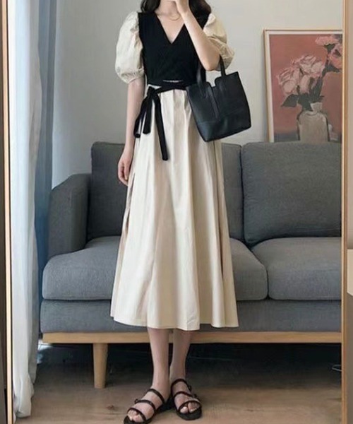 Dewlily ワンピース 夏 半袖 ロングリボンカシュクールワンピース