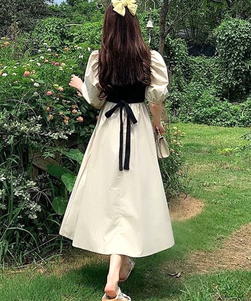 Dewlily ワンピース 夏 半袖 ロングリボンカシュクールワンピース