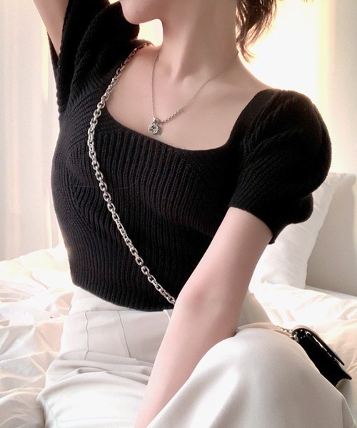 Riff（リフ） ニット セーター 後ろリボントップス スクエアネック半袖