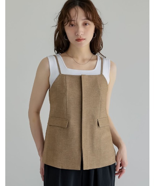 【美品】45R　レーヨンダンプのノースリーブトップ　タンクトップ　ベージュ　M Re:EDIT（リエディ） タンクトップ ノースリーブ 「新色追加