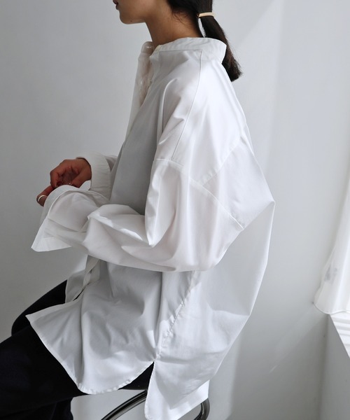 美品　Whim Gazette　オーバーサイズバンドカラーシャツ　イージーケア evernavy ブラウス シャツ イージーケアバンドカラーシャツブラウス