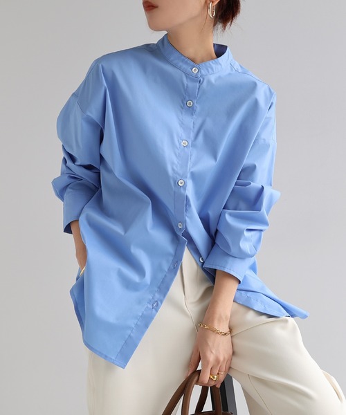 evernavy ブラウス シャツ イージーケアバンドカラーシャツブラウス