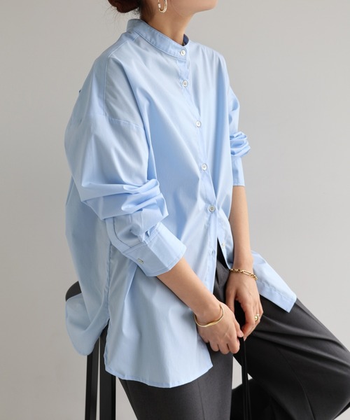 evernavy ブラウス シャツ イージーケアバンドカラーシャツブラウス