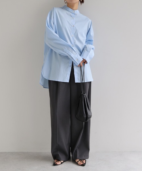 evernavy ブラウス シャツ イージーケアバンドカラーシャツブラウス