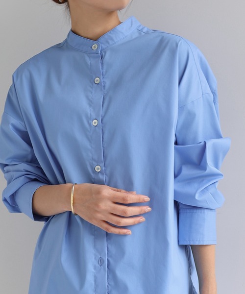 evernavy ブラウス シャツ イージーケアバンドカラーシャツブラウス