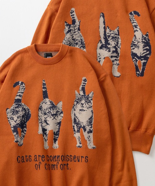 ニット セーター イヌネコ BIGレトロイラスト ジャガード織デザイン