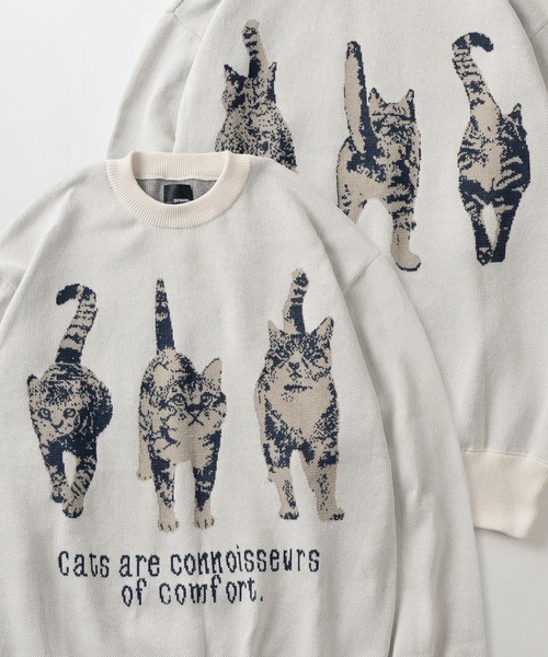 ニット セーター イヌネコ BIGレトロイラスト ジャガード織デザイン