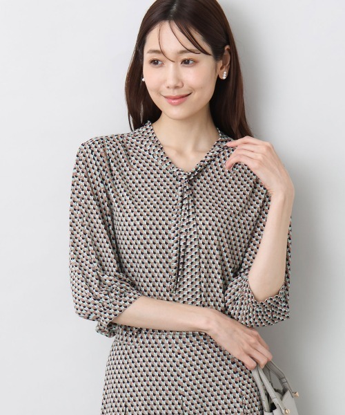 tシャツ 幾何柄ボウタイジャージーカットソー/洗える レディース