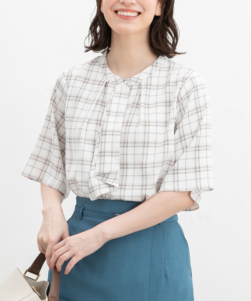ブラウス シャツ ホソボウタイ 5分袖 ブラウス レディース Honeys ブラウス シャツ 5分袖ボウタイブラウス レディース