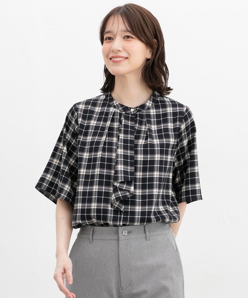 Honeys ブラウス シャツ 5分袖ボウタイブラウス レディース