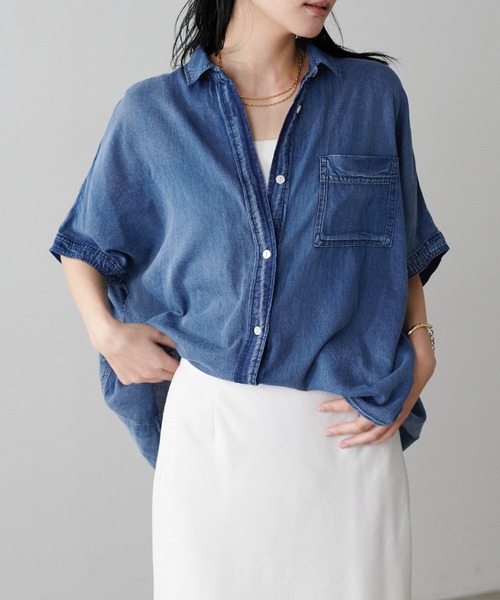 ブラウス シャツ 「LARUTA」2WAYフレンチスリーブデニム風シャツ レディース
