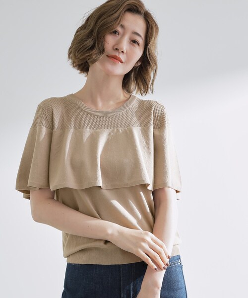 フリル刺繍ベージュ長袖ニット　グニフニ grove（グローブ） ニット セーター 涼しくて華やか1枚で差の付く