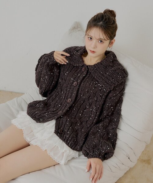 Chico（チコ） カーディガン スパンコールケーブルルーズカーディガン