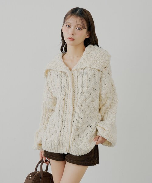 Chico（チコ） カーディガン スパンコールケーブルルーズカーディガン