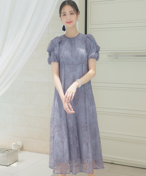結婚式・パーティードレス】パフスリーブフレアワンピースドレス