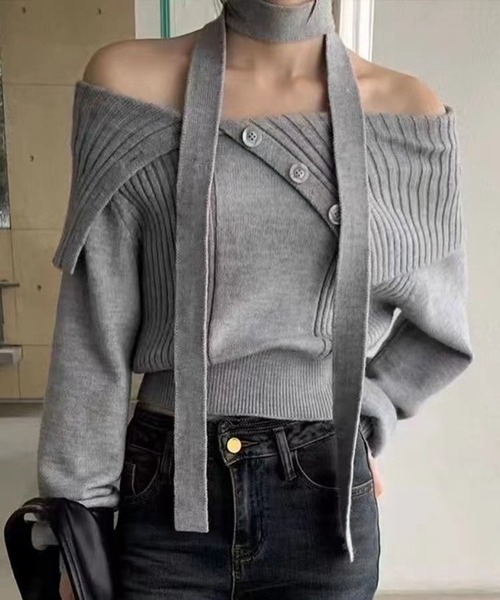 LYEON ニット セーター ロングタイ付きオフショルニット