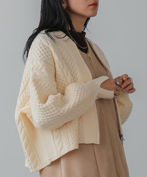 カーディガン 「はあちゅう別注カラー/レッド」ケーブルジップニットカーディガン レディース ブージュルード Bou Jeloud ［はあちゅう別注カラー/レッド