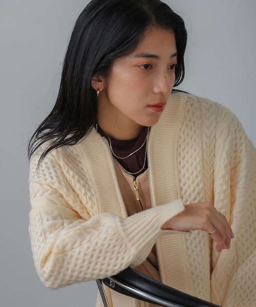 カーディガン 「はあちゅう別注カラー/レッド」ケーブルジップニットカーディガン レディース ブージュルード Bou Jeloud ［はあちゅう別注カラー/レッド