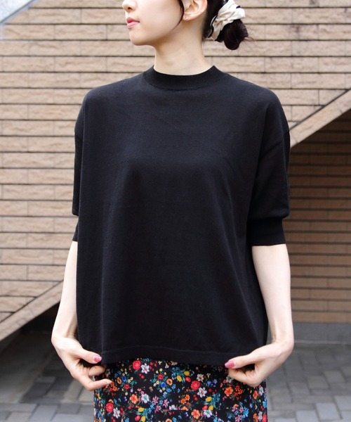 MEYAME コットンニット　半袖　五分袖　Tシャツ ビショップ　黒 MEYAME |〈別注〉コットンニット半袖Tシャツ WOMEN