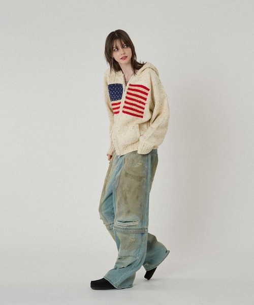 WISH FOR EVER パーカー LOW GAUGE FLAG KNIT HOODIE
