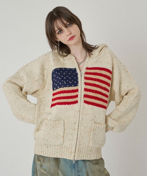 WISH FOR EVER パーカー LOW GAUGE FLAG KNIT HOODIE
