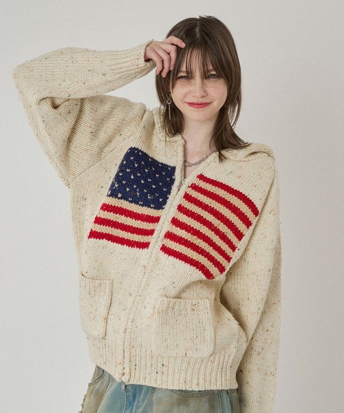 パーカー CRUSH KNIT HOODIE クラッシュ ニット フーディ / セットアップ可 レディース WISH FOR EVER パーカー LOW GAUGE FLAG KNIT HOODIE