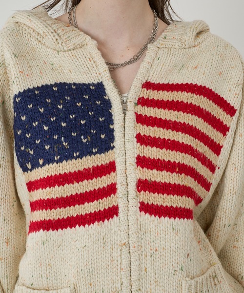 WISH FOR EVER パーカー LOW GAUGE FLAG KNIT HOODIE