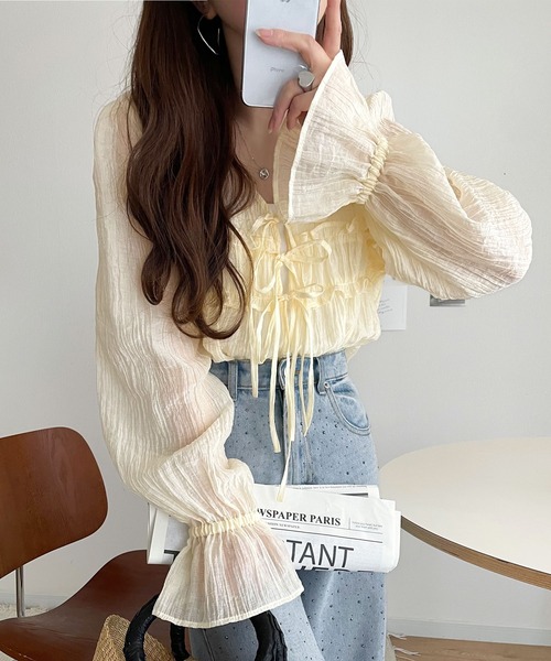 カーディガン 前リボン楊柳フリルカーデ レディース セール】【mily bilet】きゅんとする透け感！愛されリボン使い