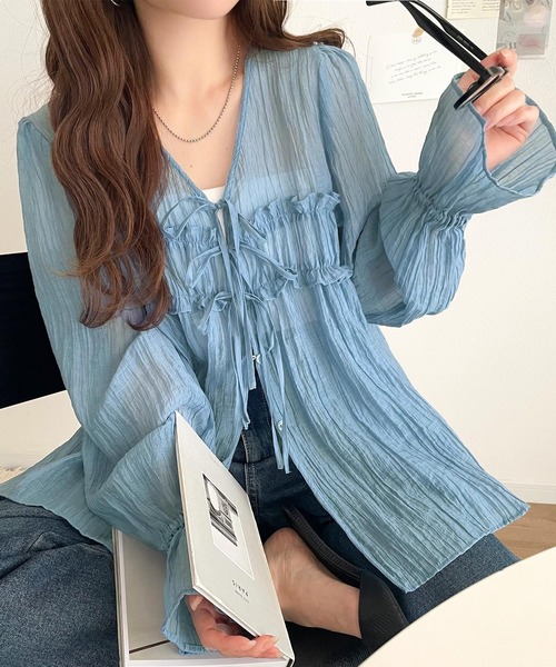 カーディガン 前リボン楊柳フリルカーデ レディース mily bilet ブラウス シャツ 「mily bilet」きゅんとする透け感