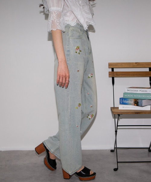 花刺繍デニムパンツ 楽天市場】花柄刺繍デニムパンツ レディース クロップド デニム