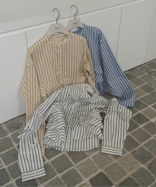 ブラウス シャツ Front frill striped blouse / フロントフリルストライプブラウス レディース g_518B STRIPE&GINGHAM FRONT FRILL BLOUSE ストライプ&ギンガム