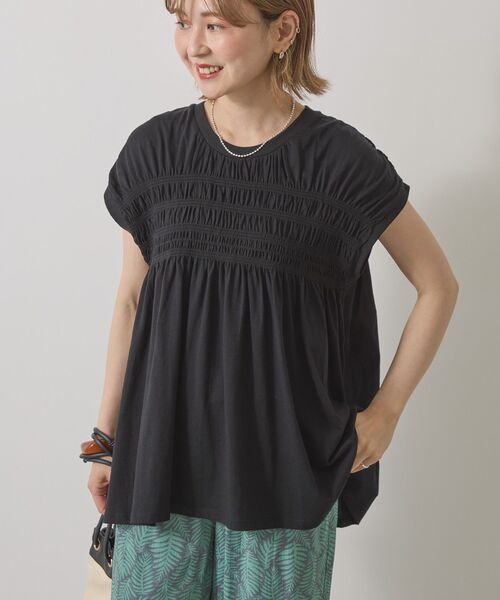 apuntob リネン 半袖フレアプルオーバー　ブラック AMERICAN HOLIC（アメリカンホリック） tシャツ 半袖 シャーリング半袖