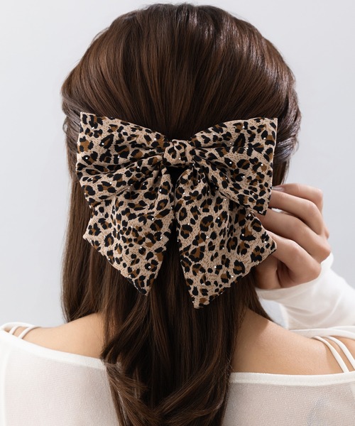 LA MUe ヘアクリップ 「LA MUe」スタッズ付き レオパード リボン