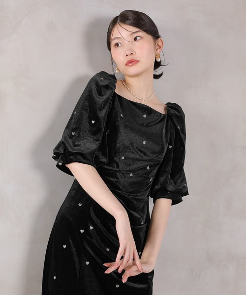 Kana ドレス ハート刺繍 ベロア ウエストタック デザイン ワンピース