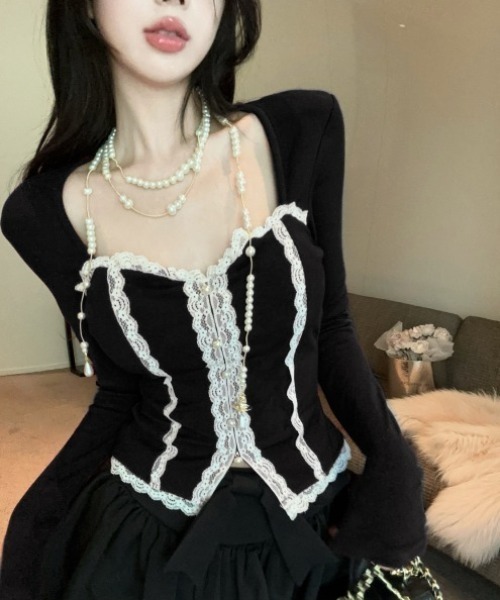 Sibra（シブラ） tシャツ フロントレースジップコルセット風トップス