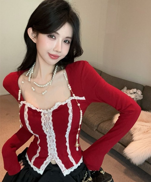 Sibra（シブラ） tシャツ フロントレースジップコルセット風トップス