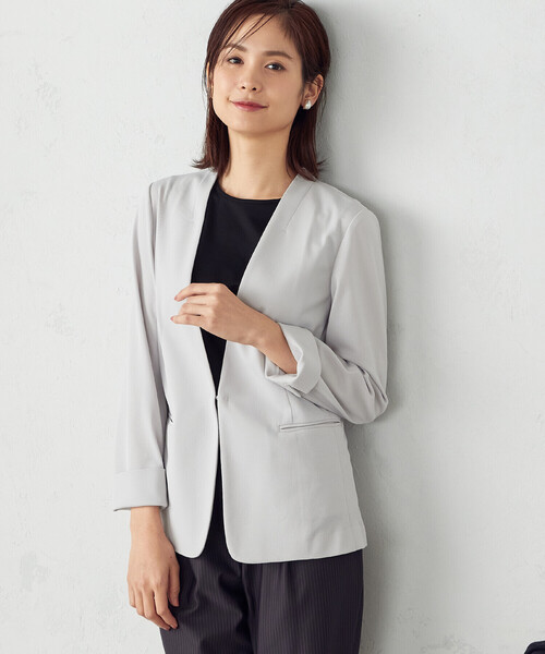 「COMME CA ISM」 ノーカラージャケット MEDIUM グレー レディース_画像6