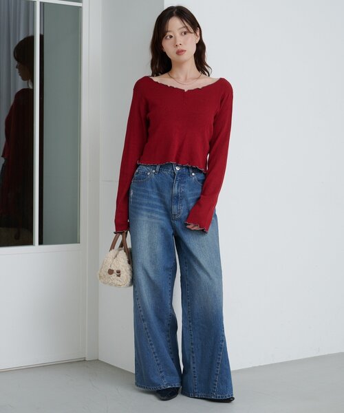 ジーンズ デニム デニムパンツ 「2サイズ展開/低身長サイズ/ウエスト調節可」カーブステッチデニム レディース