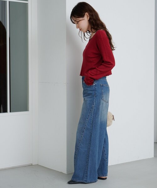 ジーンズ デニム デニムパンツ 「2サイズ展開/低身長サイズ/ウエスト調節可」カーブステッチデニム レディース