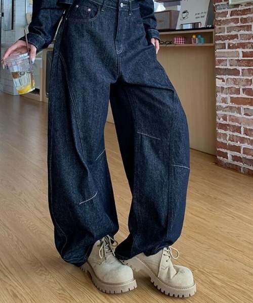 セットアップ クロップド デニムジャケット ワイドパンツ レディース