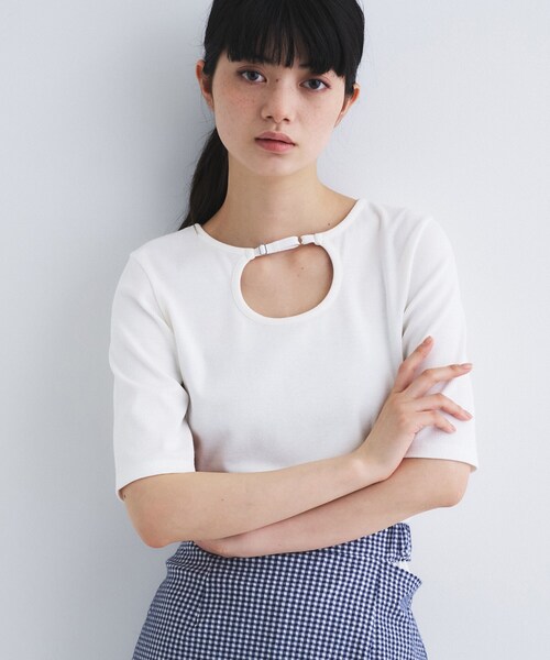 tシャツ rib jersey point neck tee レディースの画像