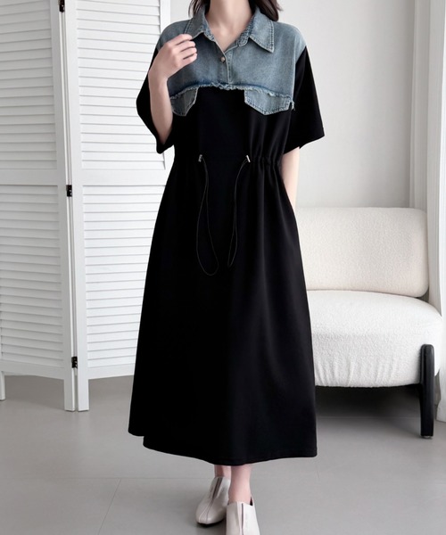 ワンピース JEJEUNOSITY Atelier Apron S ABITOKYO（アビトーキョー） ワンピース 半袖 襟付きデニムドッキング