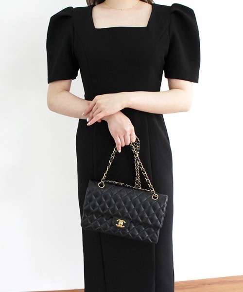 ワンピース パフショルダースクエアネックワンピース