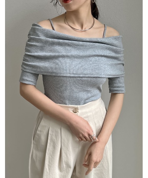 Re:EDIT tシャツ 2WAYリブカットソー五分袖オフショルトップス